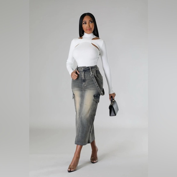 White Cutout Top and Gray Denim Skirt - Picture 2 of 3